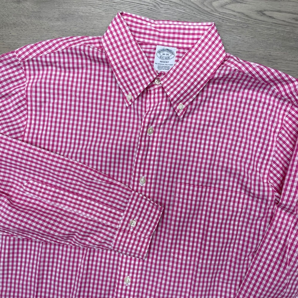 Brooks Brothers Button Down Shirt Mens 16-35 Pink Gingham Regent Supima Cotton